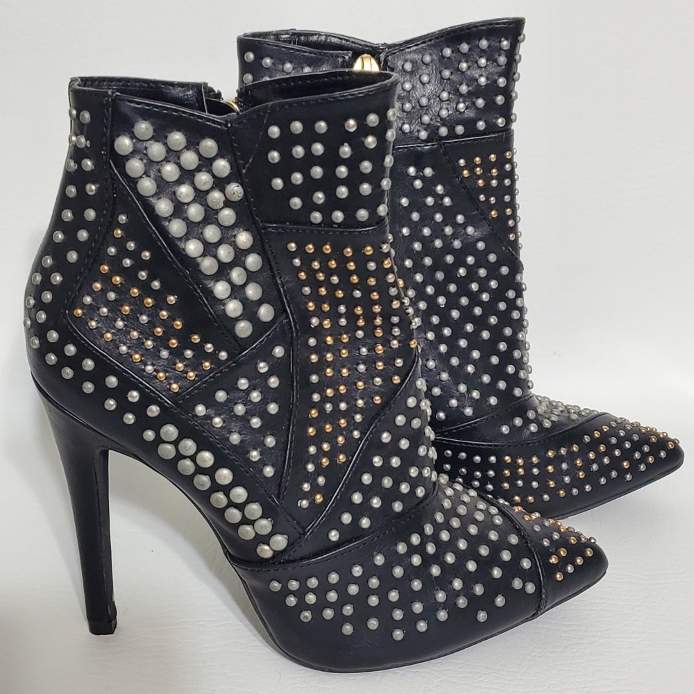 Liliana Studded Black and Silver Heeled Boots Women's Size 5.5 - Picture 4 of 8